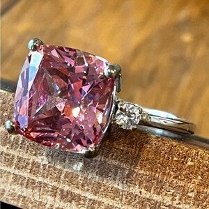 Elegant Women’s Pink Cushion-Cut Ring with Silver Band